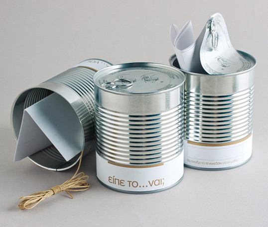 Wedding invitation in a tin can which after the ceremony is attached at the