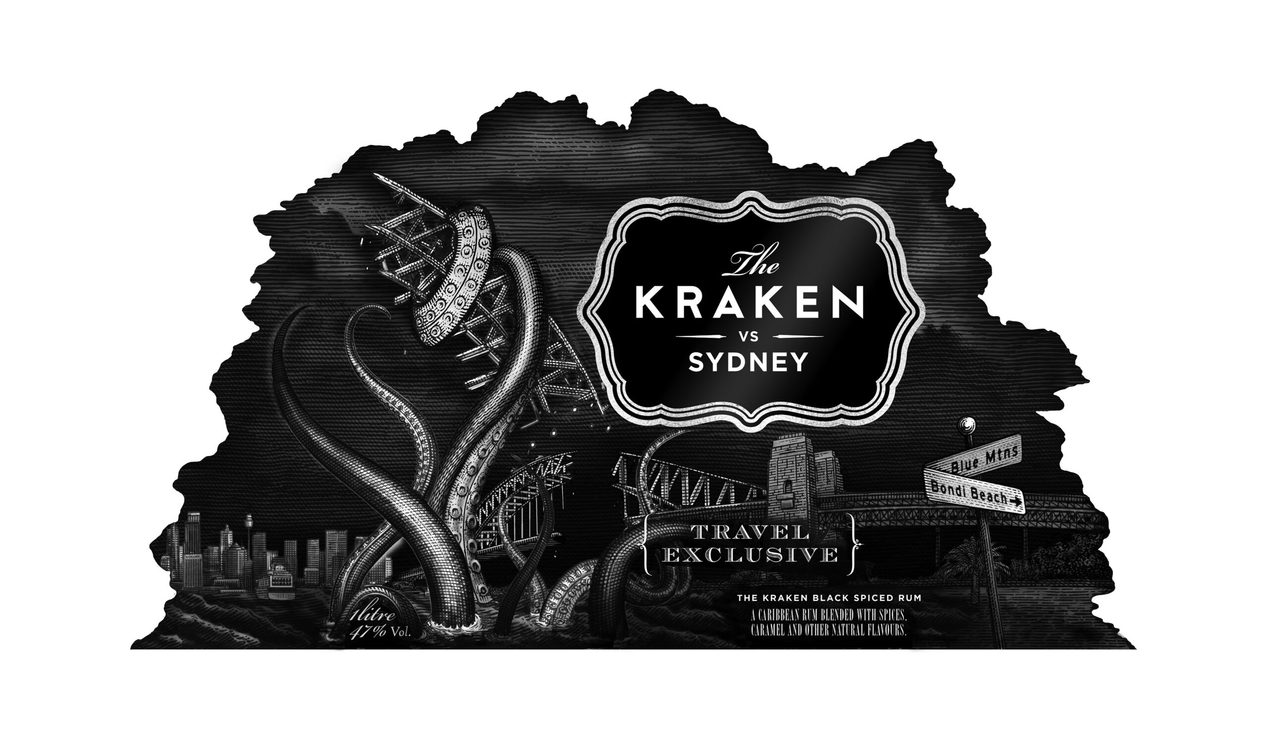 Steven Noble's New Kraken Rum Label Illustration Features Sydney Landmark Destruction